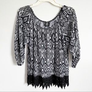 Bobeau Lace Trim Top Boho Aztec Print Small